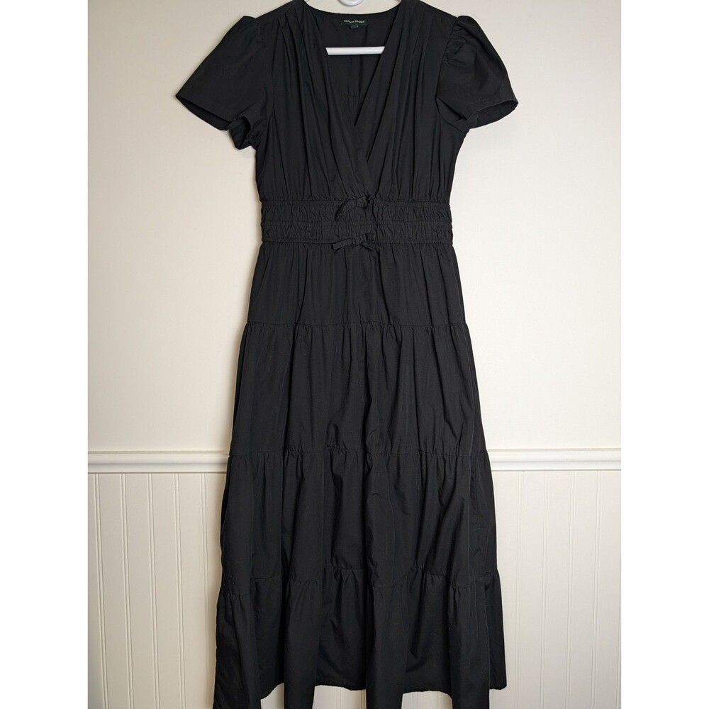 Anthropologie Meadow Rhodes Black Tiered Midi Dress V-Neck Bow Ties Size Large